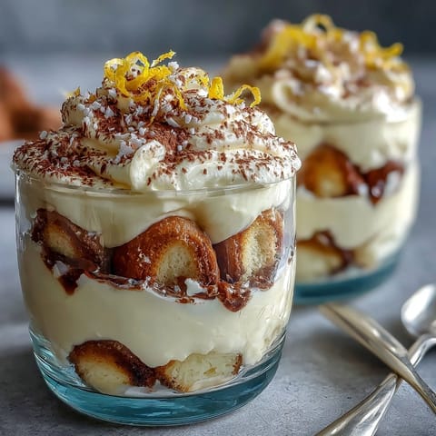 Bright and citrusy limoncello tiramisu dessert jars layered with zesty mascarpone cream, limoncello-soaked ladyfingers, and a dusting of white chocolate.