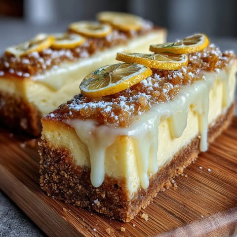 Bright lemon-infused cheesecake squares over buttery graham base, ideal for picnics or parties.  