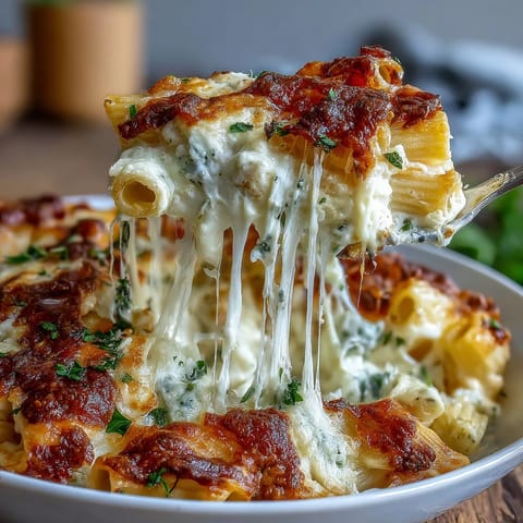 One-Pot Cheesy Pasta Bake with bubbling mozzarella and golden Parmesan crust, ready for a cozy family dinner.