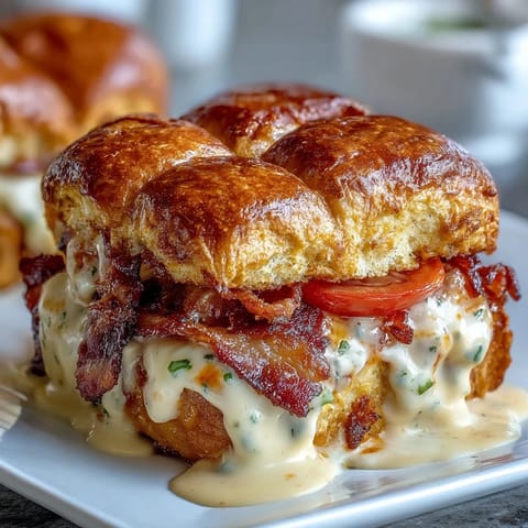 Golden brioche sliders layered with roast turkey, crispy bacon, and creamy Mornay sauce for a Kentucky Derby party treat.