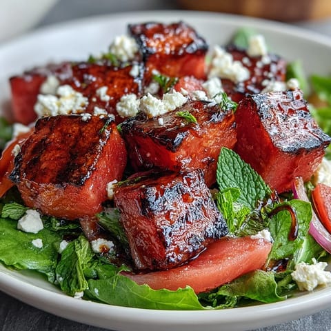Grilled watermelon salad with feta and mint, featuring smoky-sweet melon, tangy cheese, and fresh herbs for a vibrant summer dish.