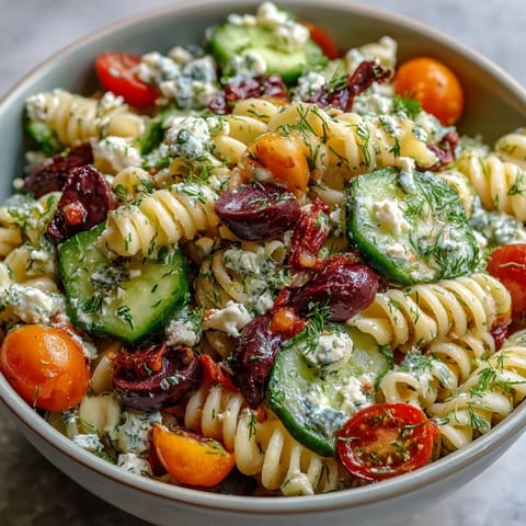 A colorful summer pasta salad with Greek olives, feta, and fresh vegetables in a tangy herb dressing.  