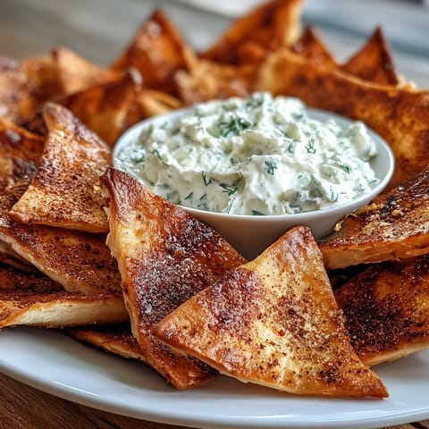 Homemade pita chips with tzatziki, crispy triangles baked golden and served with cool, herby cucumber dip.