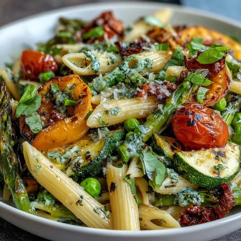 Vibrant spring pasta primavera with fresh vegetables and herbs in a light lemon sauce.