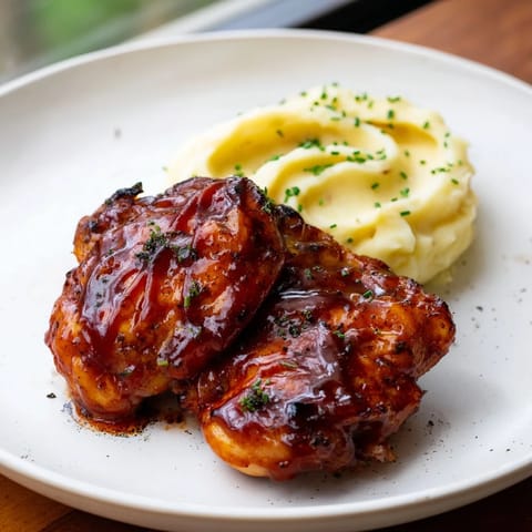 Golden, glistening honey BBQ chicken thighs alongside a mound of creamy garlic mashed potatoes.