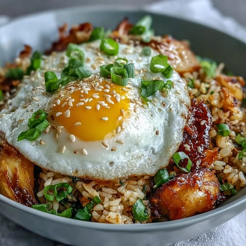 Vibrant kimchi fried rice bowl, ready to serve with fresh garnishes.