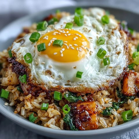 Spicy fermented cabbage kimchi fried rice bowl, topped with a sunny-side-up egg.