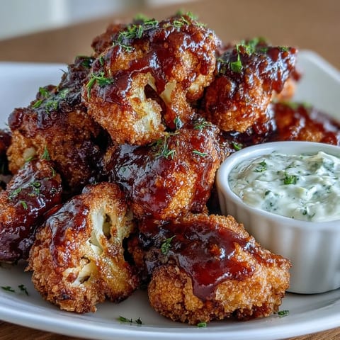 Crispy vegan BBQ cauliflower wings glistening with sauce, next to creamy ranch.
