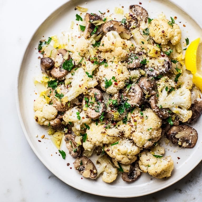 Making a savory Garlic Cauliflower Mushroom Skillet; rich earthy aroma fills the air.