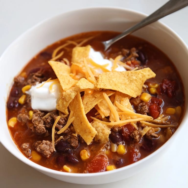 Close-up of delicious Taco Soup: warm spices, savory meat, and crunchy tortilla strips.