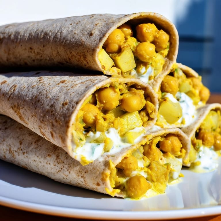 Golden Indian Spiced Chickpea Wraps recipe: Warm tortillas bursting with flavorful chickpea filling.