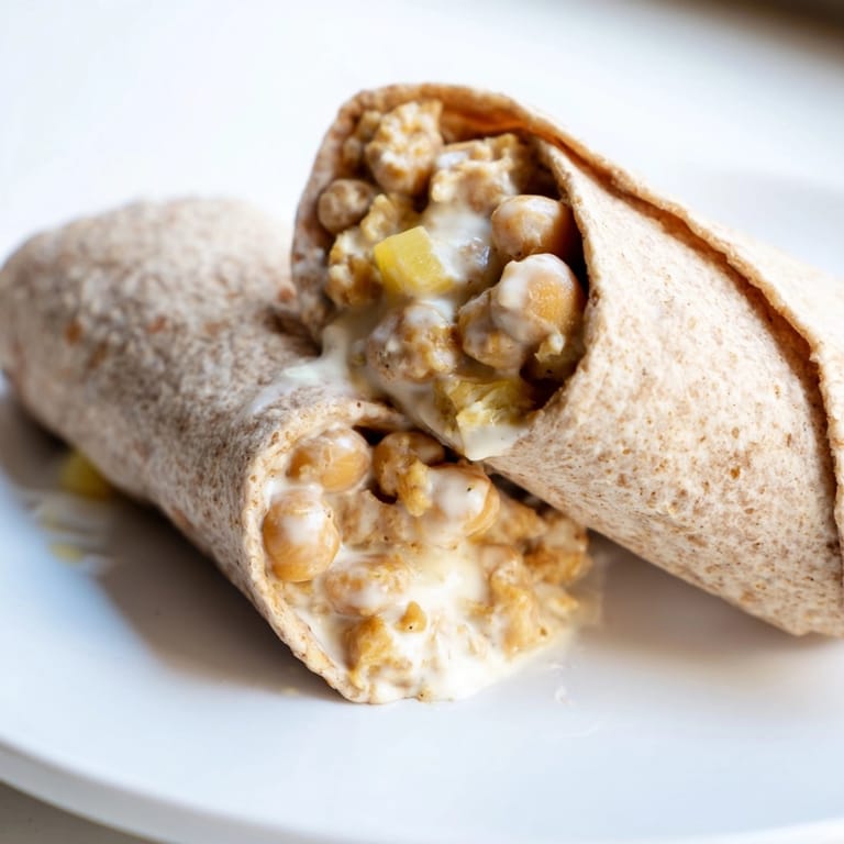 Homemade Indian Spiced Chickpea Wraps, ready to eat, with refreshing raita on the side.