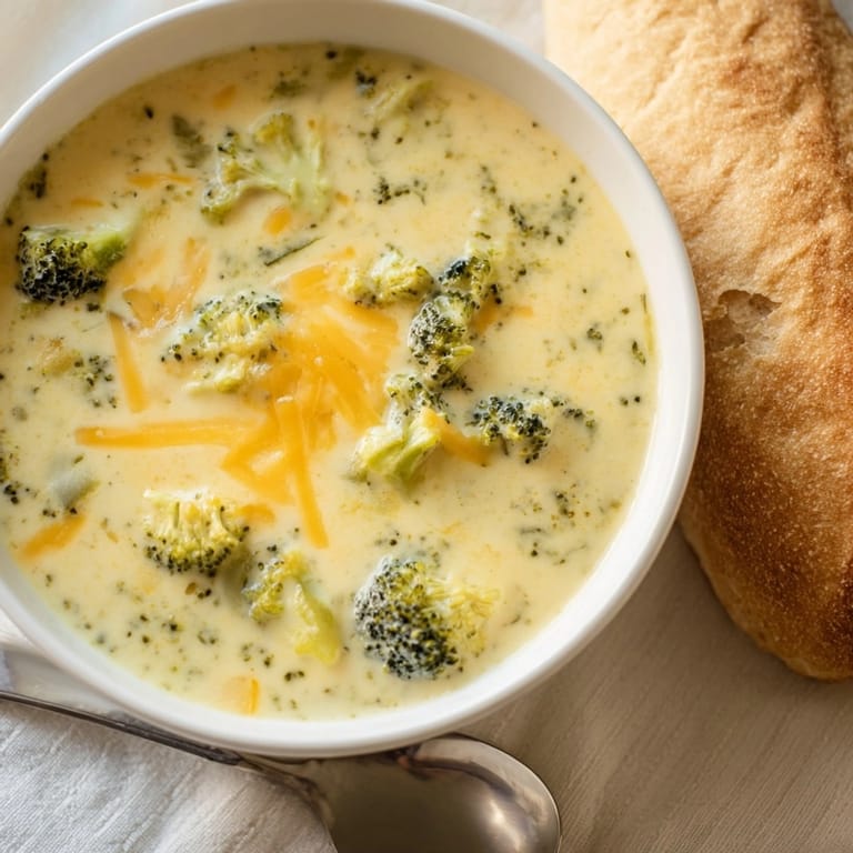 Homemade Broccoli Cheddar Soup, steaming hot and perfect with crusty bread.
