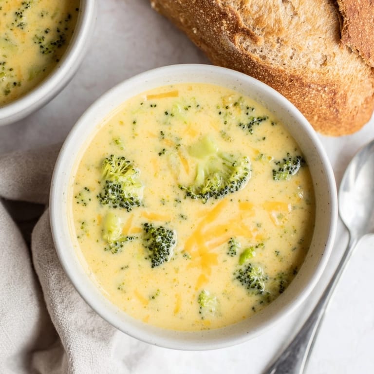 Warm, vibrant Broccoli Cheddar Soup, melty cheese pulls, inviting aroma.