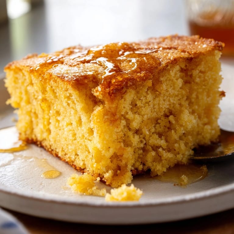 Homemade Brown Butter Honey Cornbread: A slice reveals a soft, moist crumb texture.