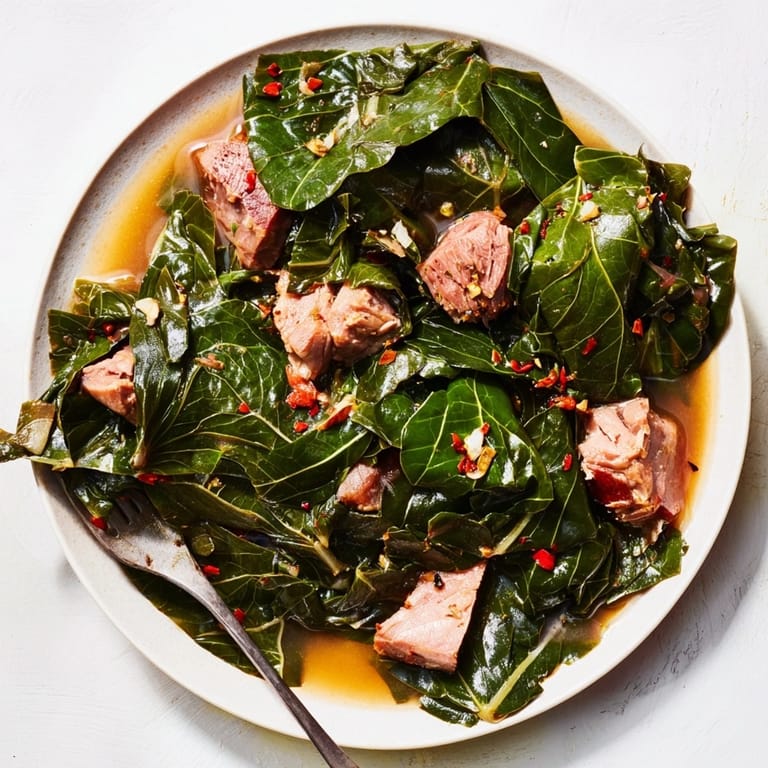 Vibrant braised Southern Collard Greens with bacon aroma, a classic soul food dish.