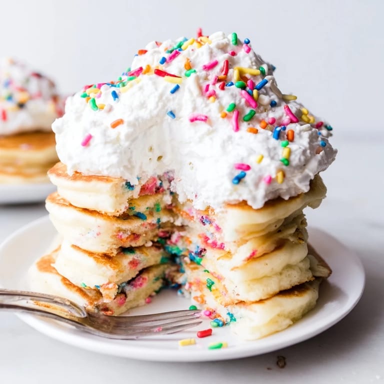 A towering stack of Silly Cake Funfetti Pancakes, bursting with sweet sprinkles and cream.
