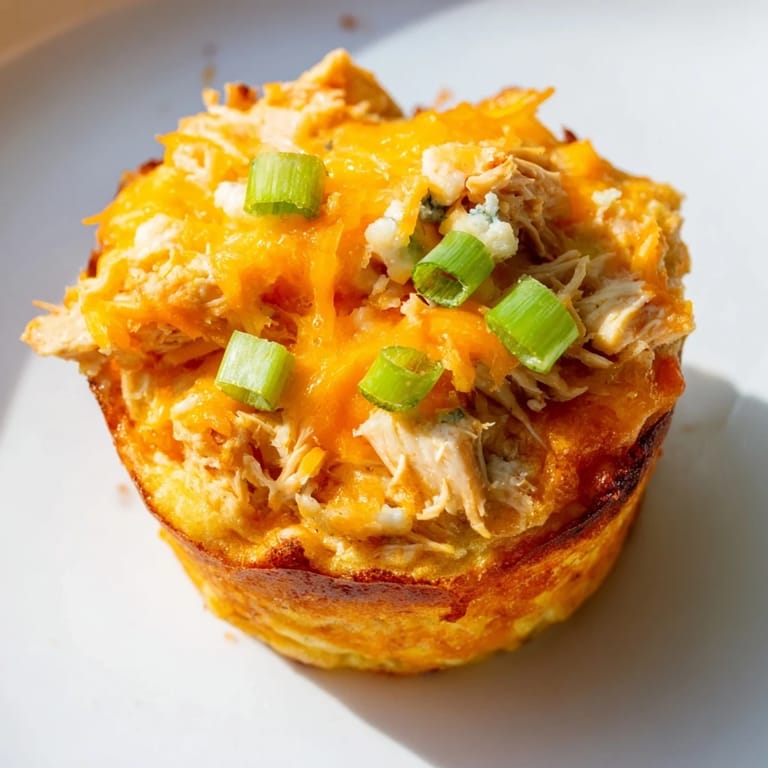 Golden baked muffins bursting with cheesy buffalo chicken, perfect for game-day snacks.  