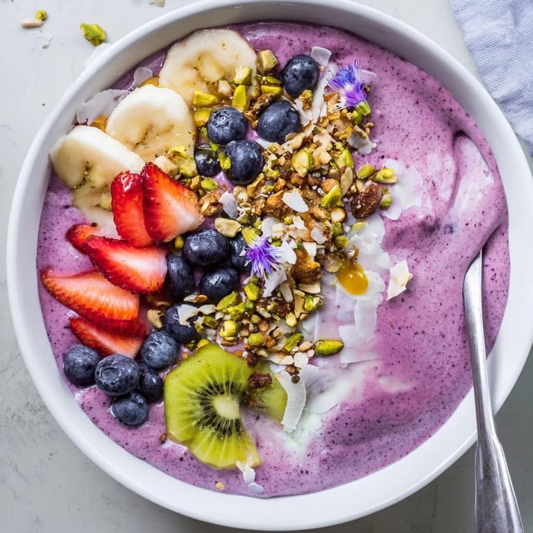 Delicious smoothie bowl with creamy texture, garnished with edible flowers and granola.