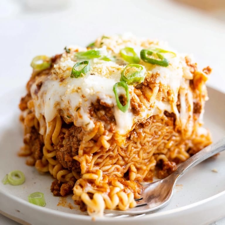 Comforting Spicy Ramen Lasagna topped with bubbly mozzarella and a garnish of green onions.  