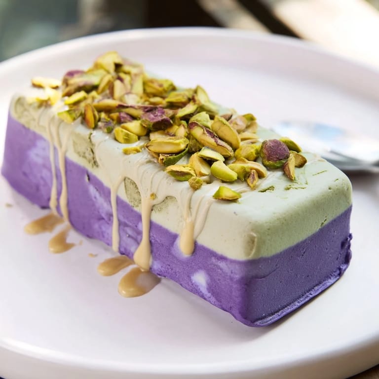 Vibrant ube and nutty pistachio layered ice cream bars, perfect for summer gatherings.  