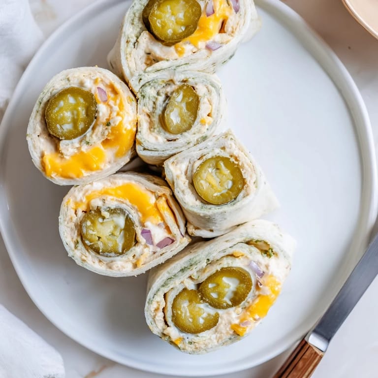 Delicious pickle-in-a-blanket wrapped in creamy cheese, ideal for any party platter.  