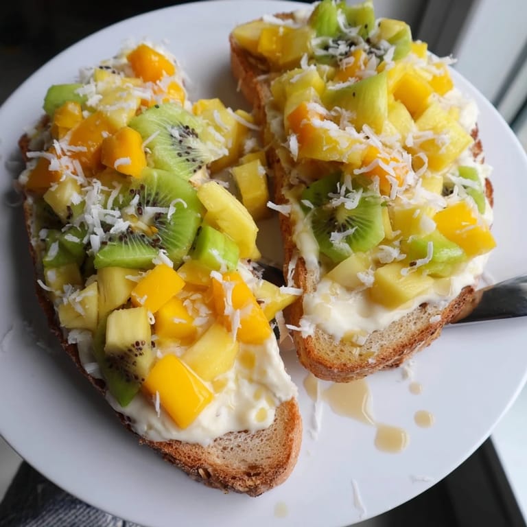 Golden-baked Yogurt-Custard Toast garnished with mango and kiwi for a vibrant breakfast.  
