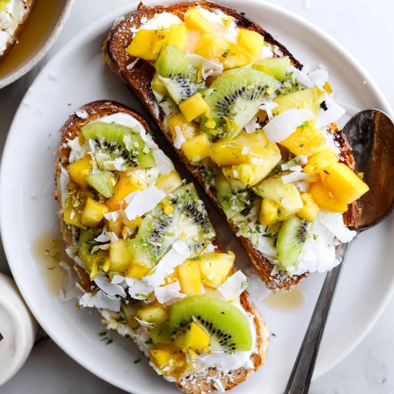 Deliciously fluffy Yogurt-Custard Toast with coconut and fresh fruit, perfect for mornings.