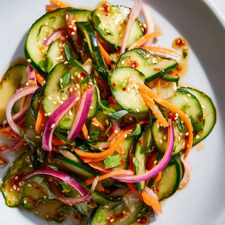 Light and zesty cucumber salad remix garnished with toasted sesame seeds, perfect for summer.