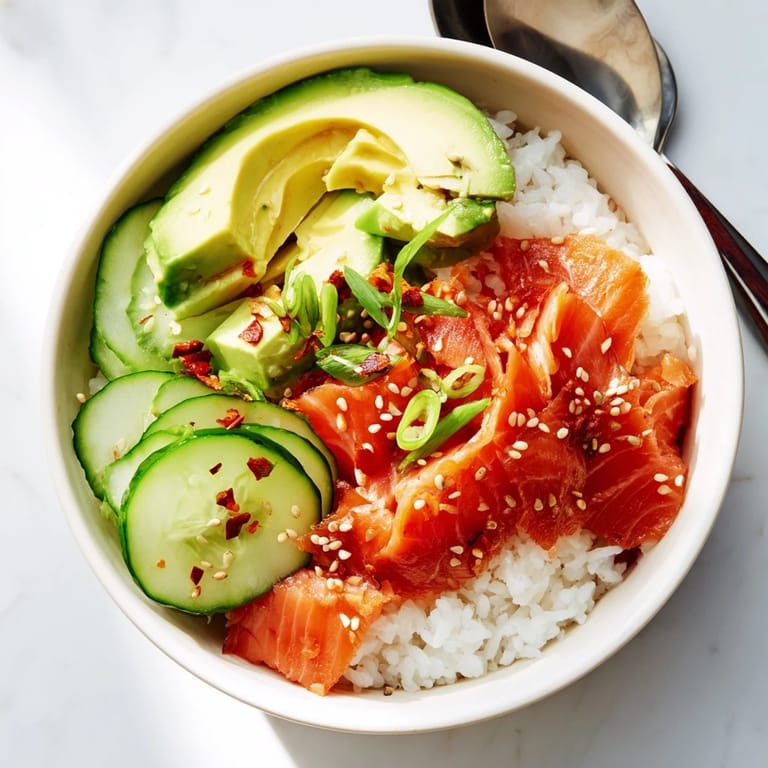Flavorful Leftover Salmon & Rice Bowl, garnished with pickled ginger and scallions.
