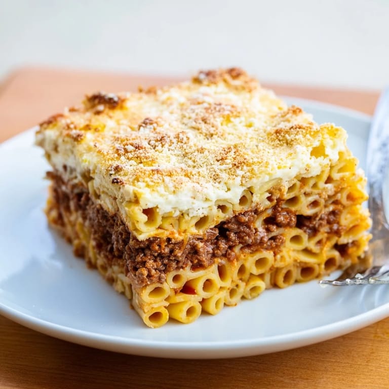 Deliciously baked Greek Pastitsio, featuring tender pasta and rich meat sauce.  