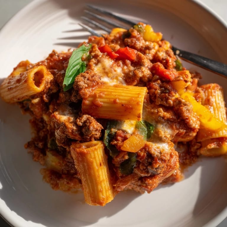 Savory baked rigatoni layered with melted cheese and seasoned sausage, perfect for dinner.  