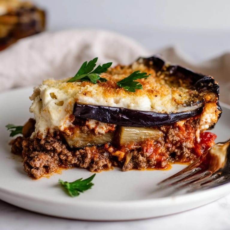 Moussaka with Beef & Eggplant, beautifully layered with creamy béchamel and tender eggplant.