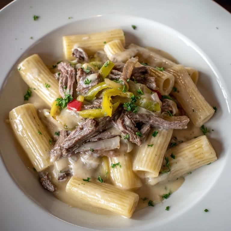 Sizzling Philly cheesesteak pasta, showing the melted cheese and pasta close up.