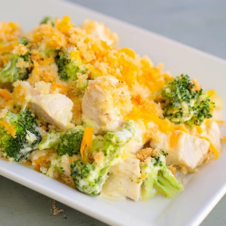 Steaming hot Chicken & Broccoli Cheddar Bake: a family favorite, studded with broccoli.