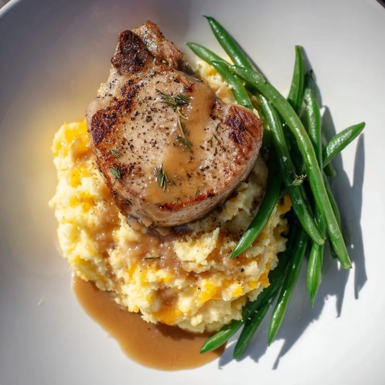 Fluffy cheddar mashed potatoes supporting a juicy pork chop in this tasty dish.