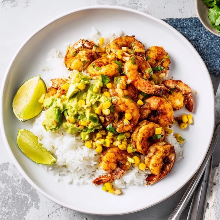 A fresh, colorful Blackened Shrimp Bowl, showcasing perfectly cooked shrimp and creamy avocado salsa.
