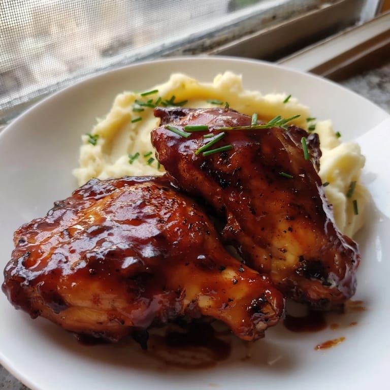 A plate of tender honey BBQ chicken thighs next to a scoop of fragrant garlic mashed potatoes.