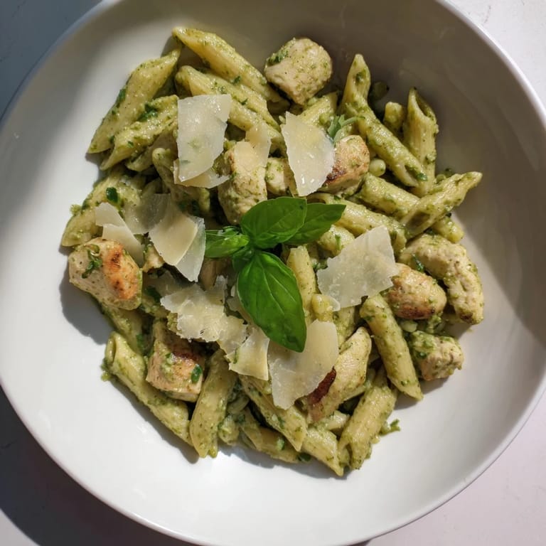 Enjoy a bowl of Creamy Pesto Penne & Chicken; see the perfectly cooked pasta and creamy sauce.