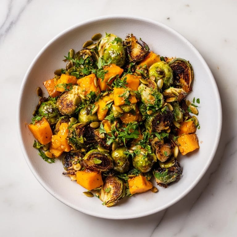 A close-up of delicious roasted Brussels sprouts and butternut squash, drizzled with a fresh orange dressing.