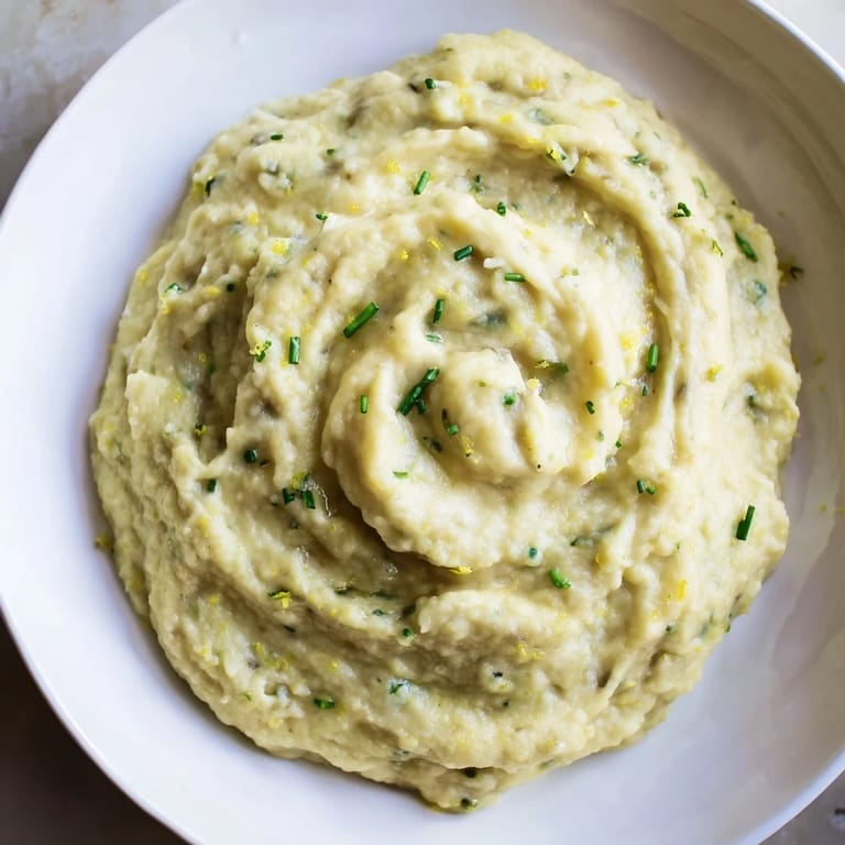 Fluffy and bright, this flavorful cauliflower mash with roasted garlic and lemon is a perfect side.