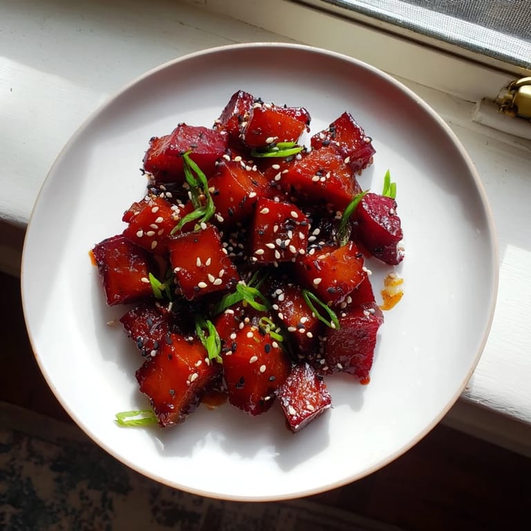 A colorful platter of tender Miso Roasted Winter Vegetables, seasoned with savory miso glaze and fresh ginger.