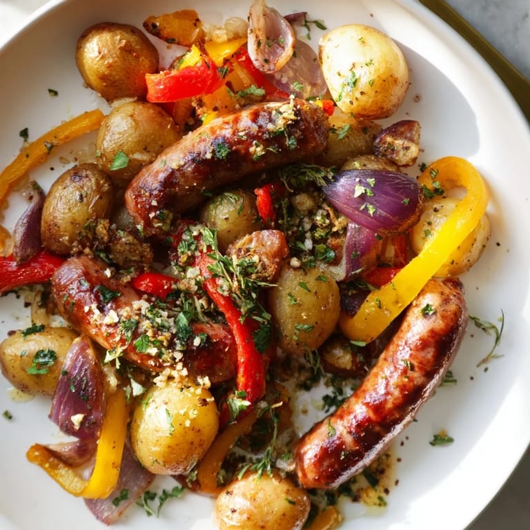 A delicious overhead shot of the Sheet-Pan Sausage with Peppers, cooked with herbs, awaiting a squeeze of lemon.