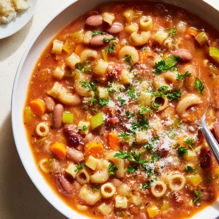 A close-up of a rustic bowl filled with flavorful Pasta e Fagioli, ready to eat.