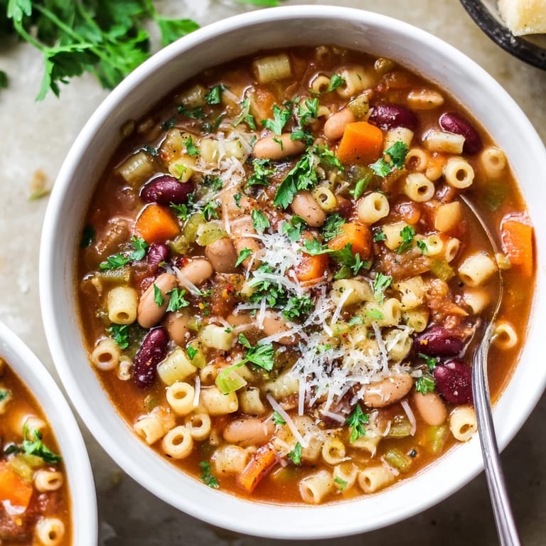 Hearty Italian Pasta e Fagioli, a delicious soup with beans, vegetables, and small pasta pieces.