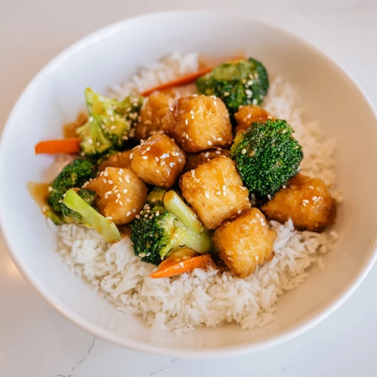 Hearty bowl of sesame tofu & broccoli with rice, featuring a rich sesame glaze and fresh garnishes.
