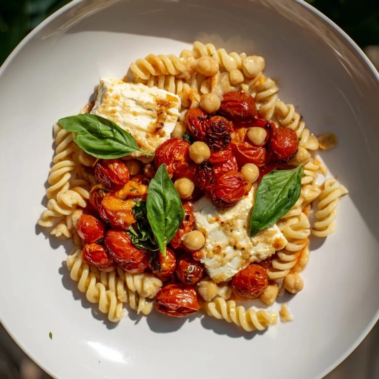 A close-up of baked feta chickpeas and tomatoes, ready to serve over fluffy rice or any pasta.