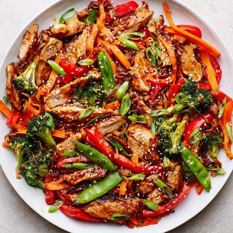 Tender chicken and crispy ramen noodles mingle with vibrant vegetables in this Sheet-Pan Crispy Ramen dish.