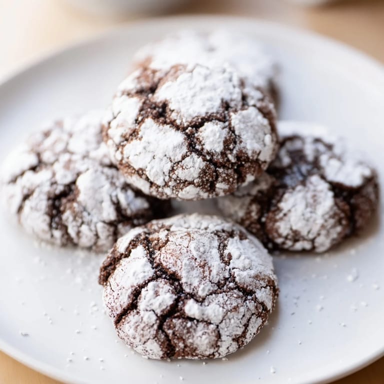 Festive, freshly baked chocolate gingerbread crinkle cookies displaying the beautiful cracked sugar coating.
