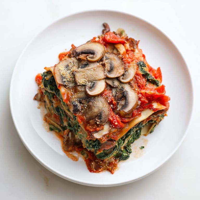 A close-up of a richly layered vegan mushroom spinach lasagna bubbling in a baking dish.